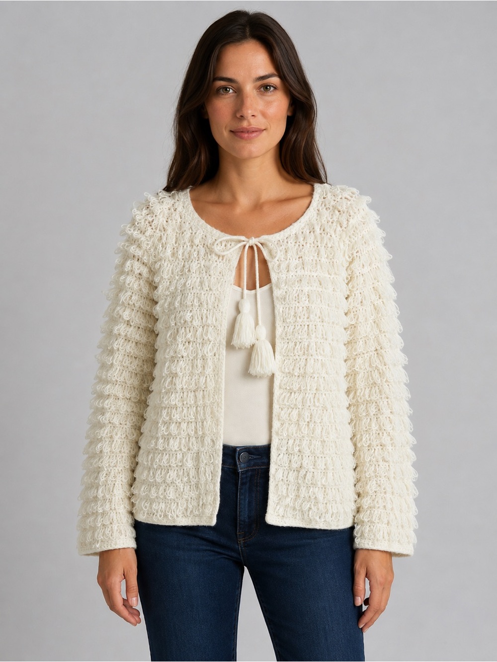 Ivory Loop-Texture Tie-Front Cardigan